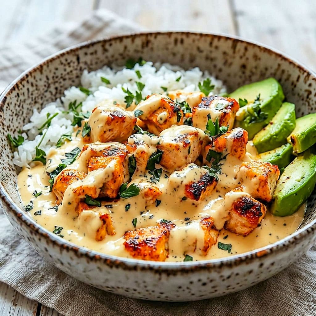 Creamy Coconut Chicken Rice Bowl served with tender chicken, fluffy rice, fresh herbs, and rich coconut sauce for an easy tropical dinner. Perfect for quick Easy Healthy Dinner With Rice and cozy Dinner Ideas Healthy Bowls.