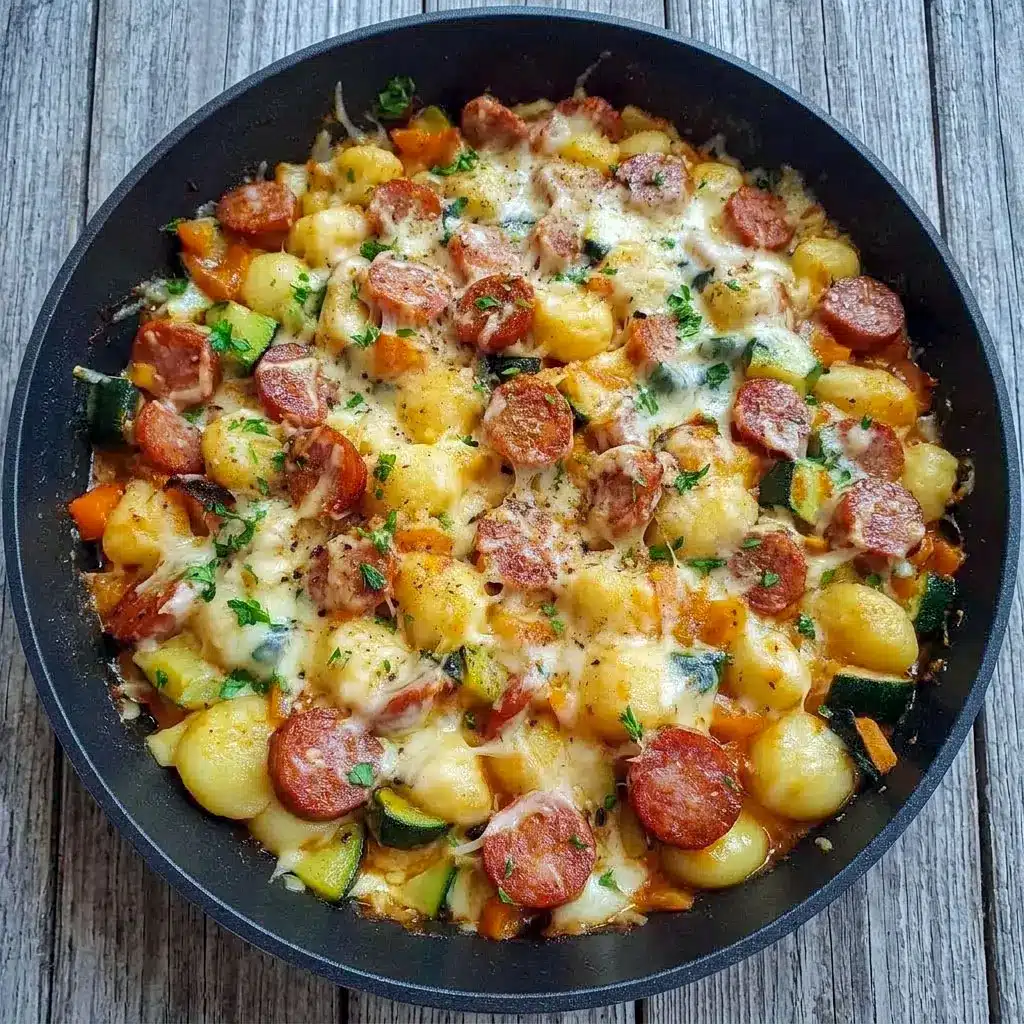 Creamy Kielbasa Gnocchi Skillet loaded with smoky sausage, tender gnocchi, melted cheese, and vegetables in one cozy pan. Perfect for easy Single Pan Meals and comforting Dinner With Kielbasa on busy weeknights.