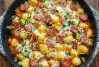 Creamy Kielbasa Gnocchi Skillet loaded with smoky sausage, tender gnocchi, melted cheese, and vegetables in one cozy pan. Perfect for easy Single Pan Meals and comforting Dinner With Kielbasa on busy weeknights.