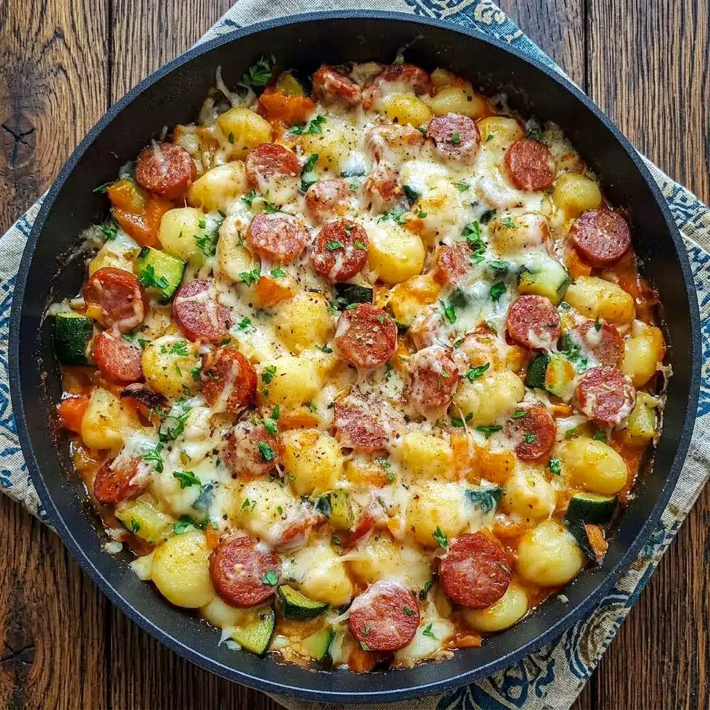 Creamy Kielbasa Gnocchi Skillet loaded with smoky sausage, tender gnocchi, melted cheese, and vegetables in one cozy pan. Perfect for easy Single Pan Meals and comforting Dinner With Kielbasa on busy weeknights.