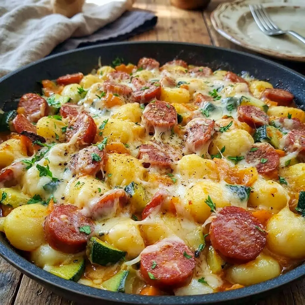 Creamy Kielbasa Gnocchi Skillet loaded with smoky sausage, tender gnocchi, melted cheese, and vegetables in one cozy pan. Perfect for easy Single Pan Meals and comforting Dinner With Kielbasa on busy weeknights.
