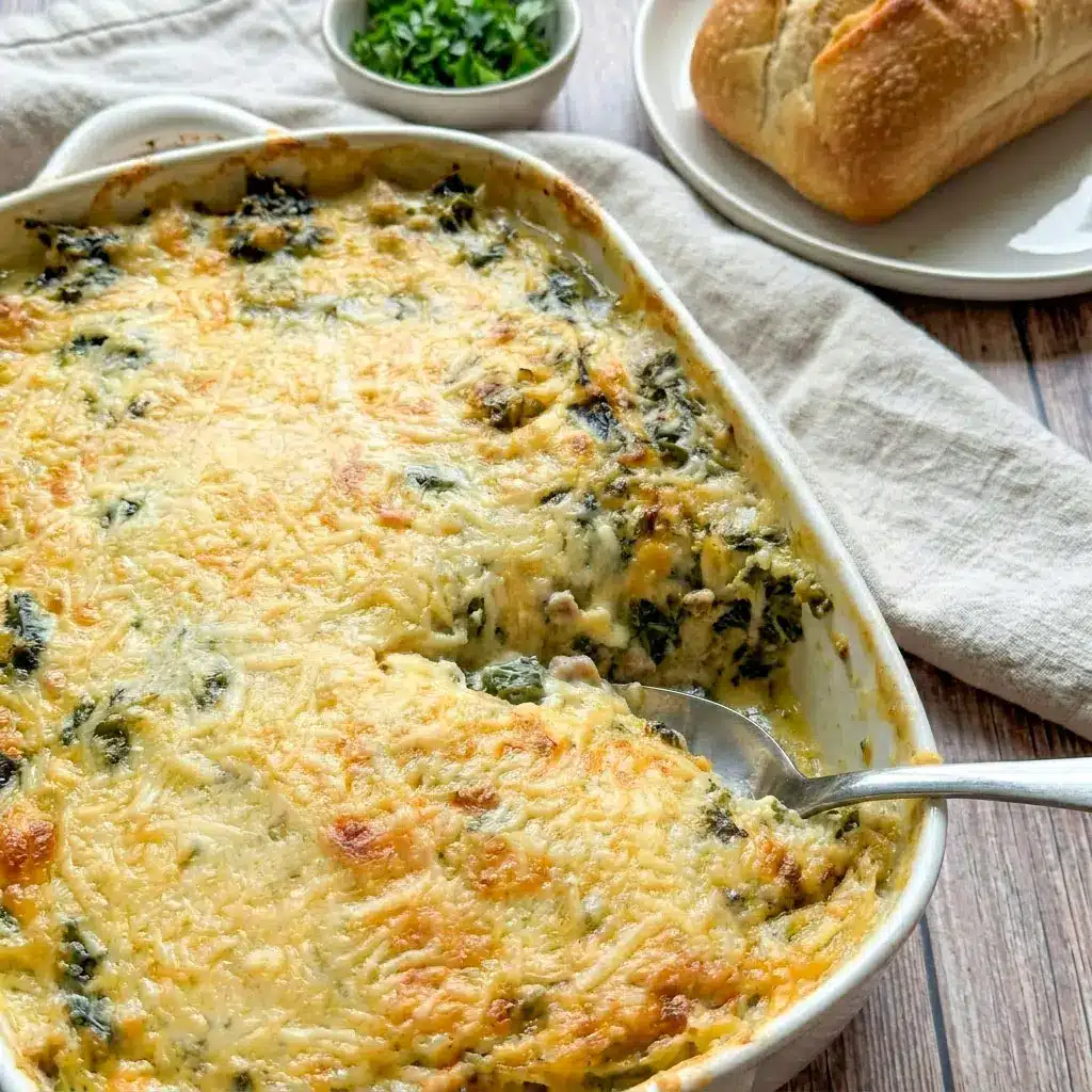 Cheesy Zuppa Toscana Casserole baked with sausage, potatoes, bacon, and kale in a creamy sauce for cozy Easy Italian Meals For Dinner and hearty Soup Casserole Recipes.