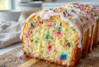 Moist and colorful Birthday Pound Cake topped with vanilla glaze and rainbow sprinkles, inspired by a festive Funfetti Pound Cake and classic Confetti Pound Cake party dessert.
