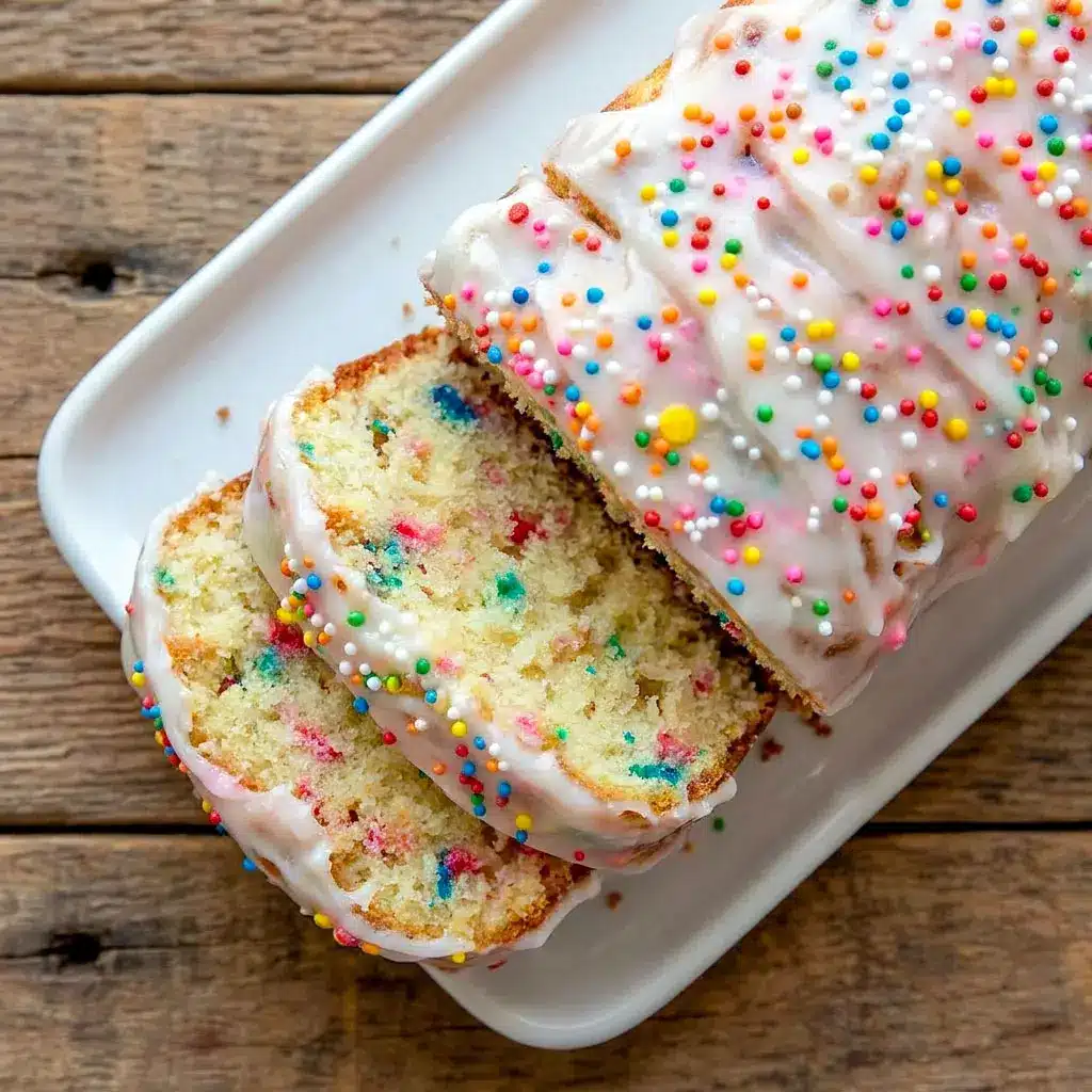 Moist and colorful Birthday Pound Cake topped with vanilla glaze and rainbow sprinkles, inspired by a festive Funfetti Pound Cake and classic Confetti Pound Cake party dessert.