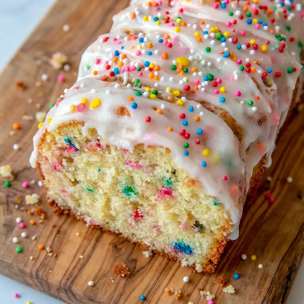 Moist and colorful Birthday Pound Cake topped with vanilla glaze and rainbow sprinkles, inspired by a festive Funfetti Pound Cake and classic Confetti Pound Cake party dessert.