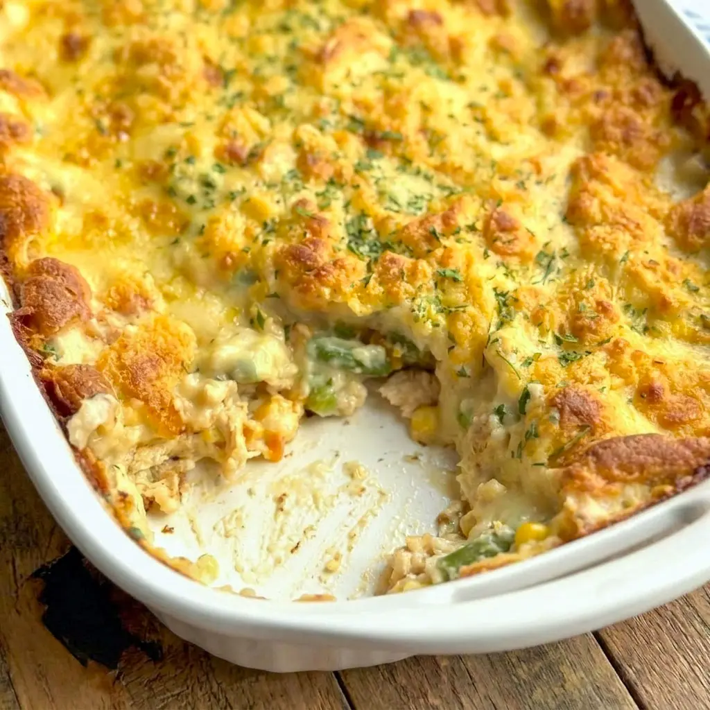 Golden baked Chicken Cobbler Dinner Casserole with creamy chicken filling and fluffy biscuit topping, inspired by Easy Chicken Cobbler Casserole and Chicken Cobbler Casserole Red Lobster Biscuits for the ultimate comfort food dinner.