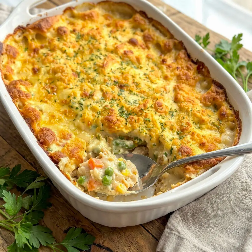 Golden baked Chicken Cobbler Dinner Casserole with creamy chicken filling and fluffy biscuit topping, inspired by Easy Chicken Cobbler Casserole and Chicken Cobbler Casserole Red Lobster Biscuits for the ultimate comfort food dinner.