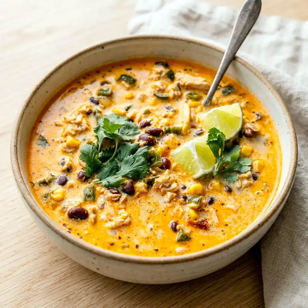 Creamy Chicken, Poblano, and Black Bean Soup served with cilantro and lime in a rustic bowl, inspired by Southwest Chicken Poblano Soup and cozy Poblano Pepper Recipes Soup ideas.