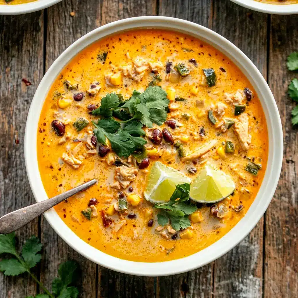 Creamy Chicken, Poblano, and Black Bean Soup served with cilantro and lime in a rustic bowl, inspired by Southwest Chicken Poblano Soup and cozy Poblano Pepper Recipes Soup ideas.