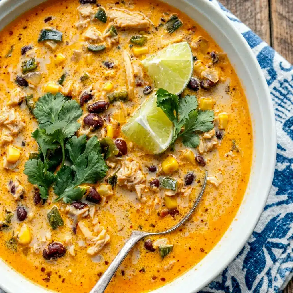 Creamy Chicken, Poblano, and Black Bean Soup served with cilantro and lime in a rustic bowl, inspired by Southwest Chicken Poblano Soup and cozy Poblano Pepper Recipes Soup ideas.