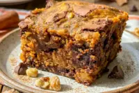 Easy Pumpkin Chocolate Swirl Brownies for the Ultimate Fall Dessert1 Freshly baked Pumpkin Brownies with rich chocolate swirls and pumpkin spice layers styled as gooey Pumpkin Chocolate Swirl Brownies on a fall dessert table.