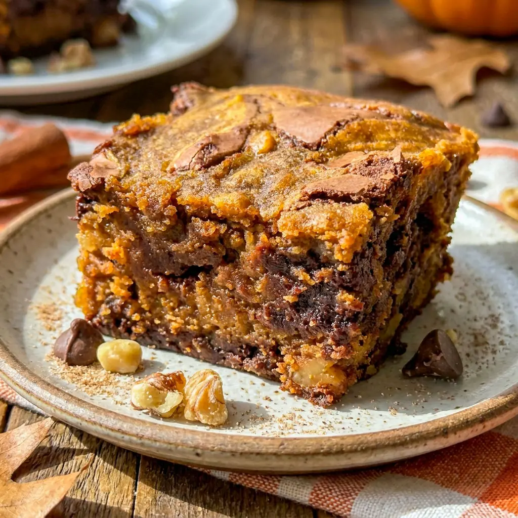 Freshly baked Pumpkin Brownies with rich chocolate swirls and pumpkin spice layers styled as gooey Pumpkin Chocolate Swirl Brownies on a fall dessert table.