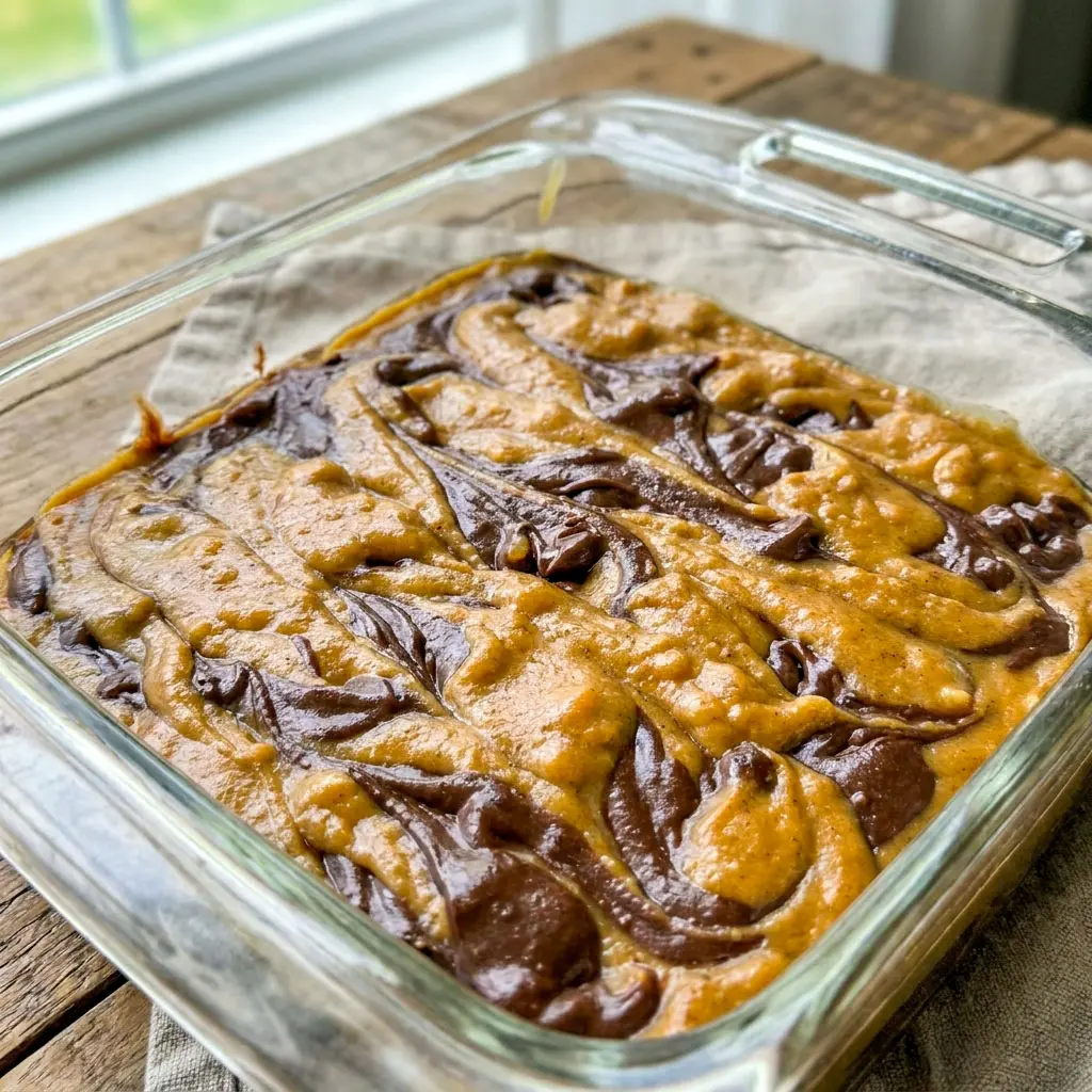Freshly baked Pumpkin Brownies with rich chocolate swirls and pumpkin spice layers styled as gooey Pumpkin Chocolate Swirl Brownies on a fall dessert table.