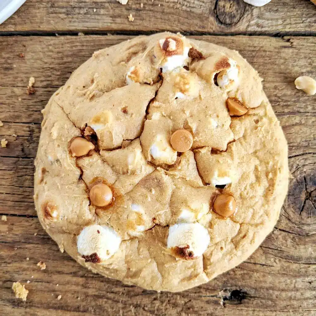 Freshly baked Fluffernutter Protein Cookie with gooey marshmallows and peanut butter flavor, a delicious Protein Cookie For One and cozy Healthy Fluffernutter dessert idea.
