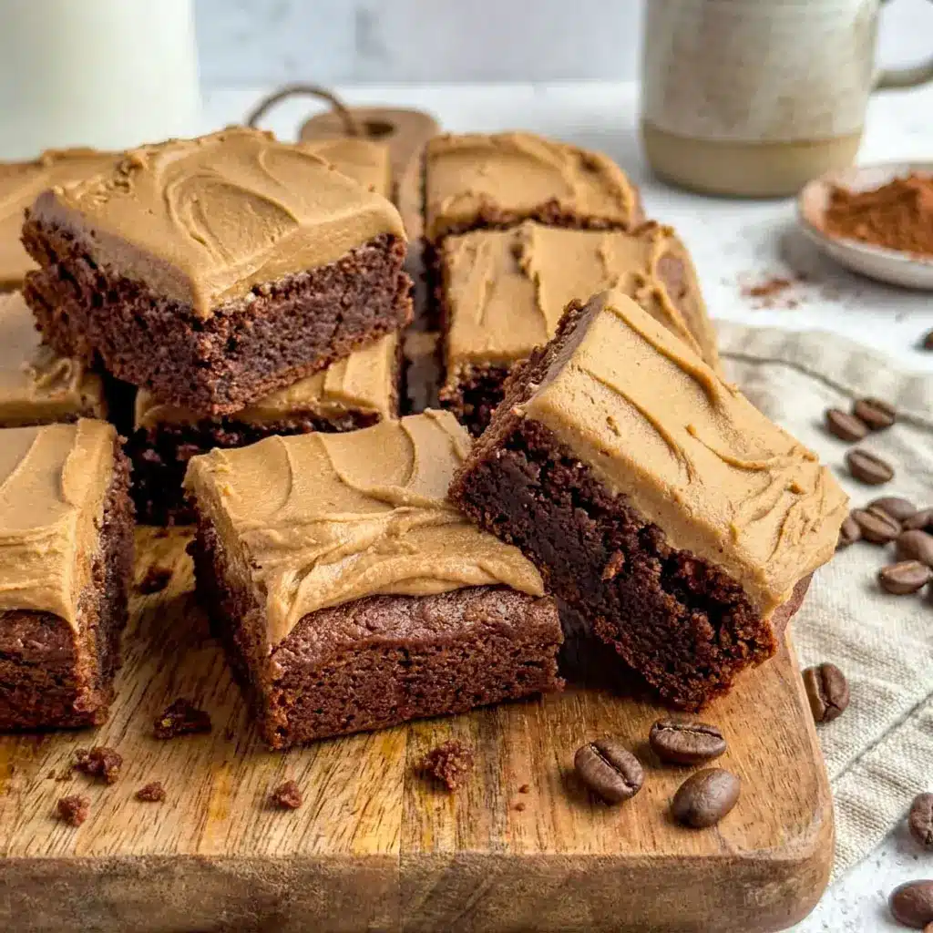 Rich and fudgy Coffee Brownies topped with creamy Brownies With Mocha Frosting and served as decadent Frosted Coffee Brownies dessert bars.
