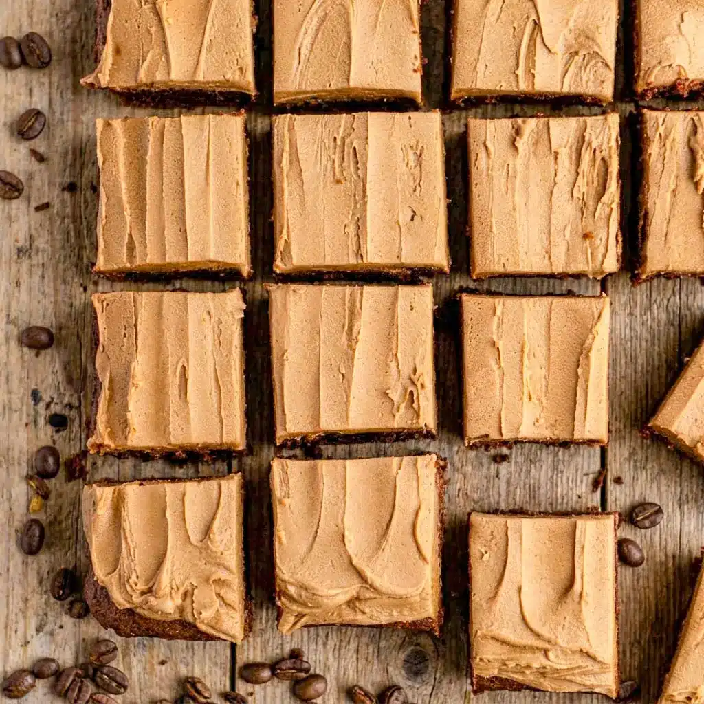 Rich and fudgy Coffee Brownies topped with creamy Brownies With Mocha Frosting and served as decadent Frosted Coffee Brownies dessert bars.