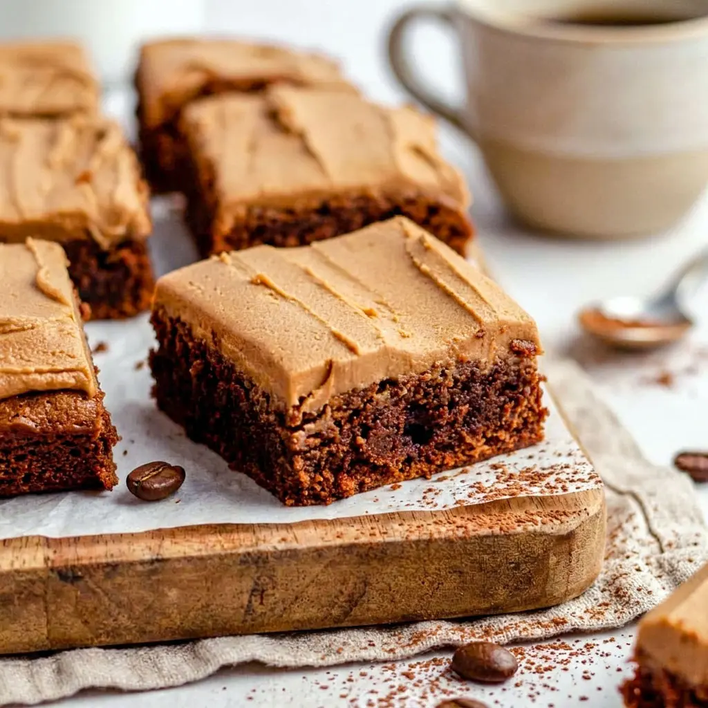 Rich and fudgy Coffee Brownies topped with creamy Brownies With Mocha Frosting and served as decadent Frosted Coffee Brownies dessert bars.