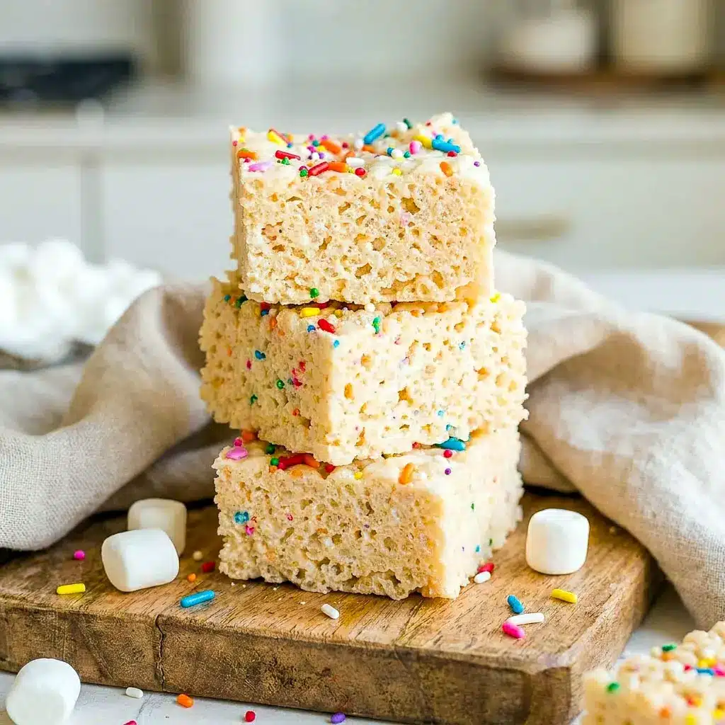 Soft and gooey Protein Rice Krispies stacked on a plate with melted marshmallows and colorful sprinkles, perfect for easy Low Calorie Protein Rice Crispy Treats and homemade Rice Krispie Protein Bar ideas.