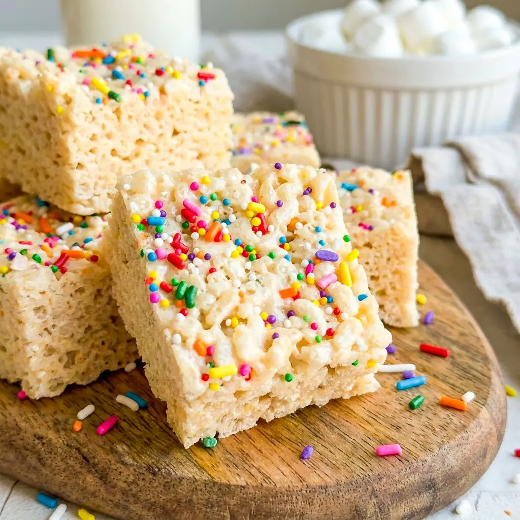 Soft and gooey Protein Rice Krispies stacked on a plate with melted marshmallows and colorful sprinkles, perfect for easy Low Calorie Protein Rice Crispy Treats and homemade Rice Krispie Protein Bar ideas.