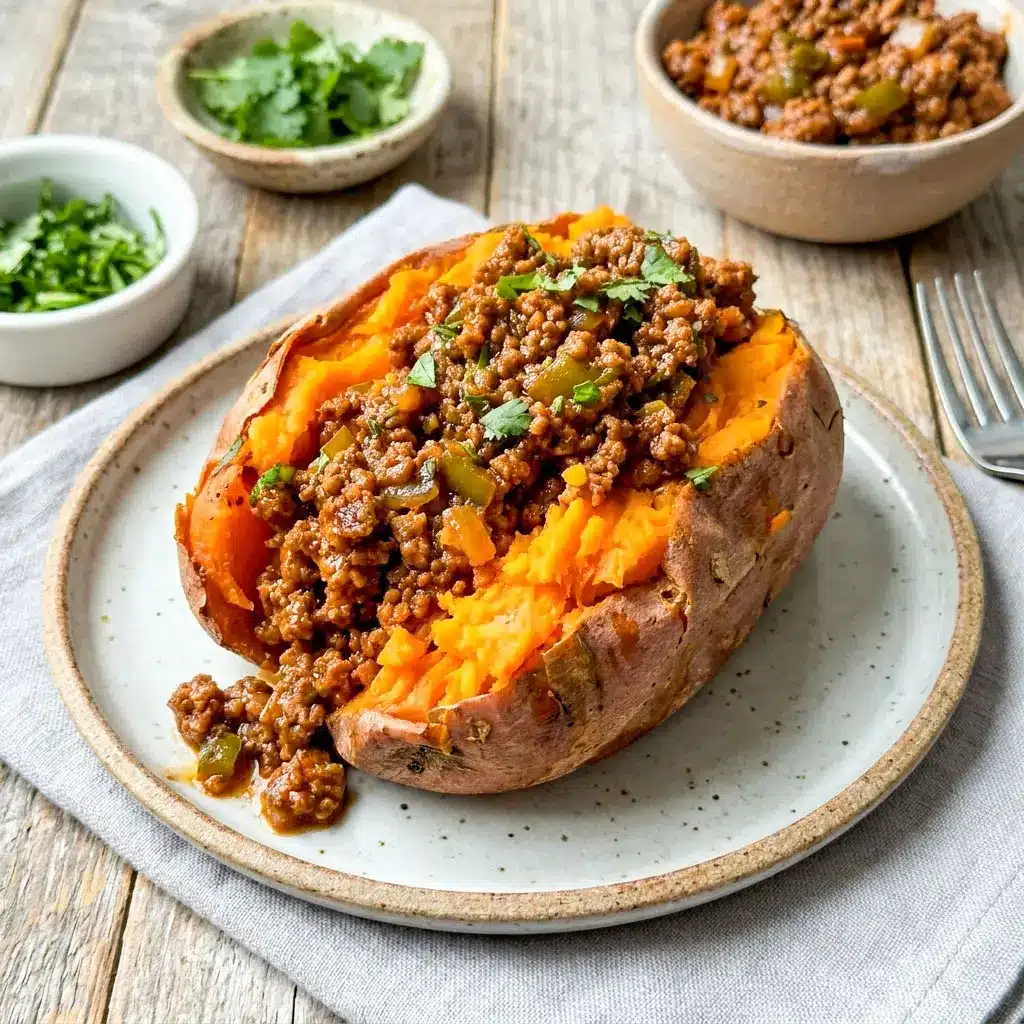 Loaded Sloppy Joe Sweet Potatoes topped with savory ground beef sauce and fresh herbs for an easy healthy dinner. These cozy Whole30 Sloppy Joes and Paleo Sweet Potato Sloppy Joes make the perfect comfort food meal prep idea.
