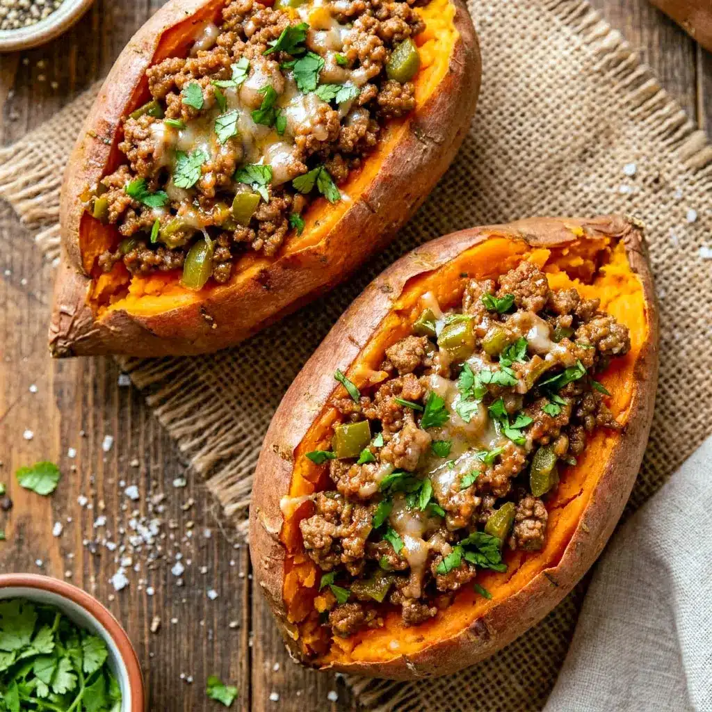 Loaded Sloppy Joe Sweet Potatoes topped with savory ground beef sauce and fresh herbs for an easy healthy dinner. These cozy Whole30 Sloppy Joes and Paleo Sweet Potato Sloppy Joes make the perfect comfort food meal prep idea.