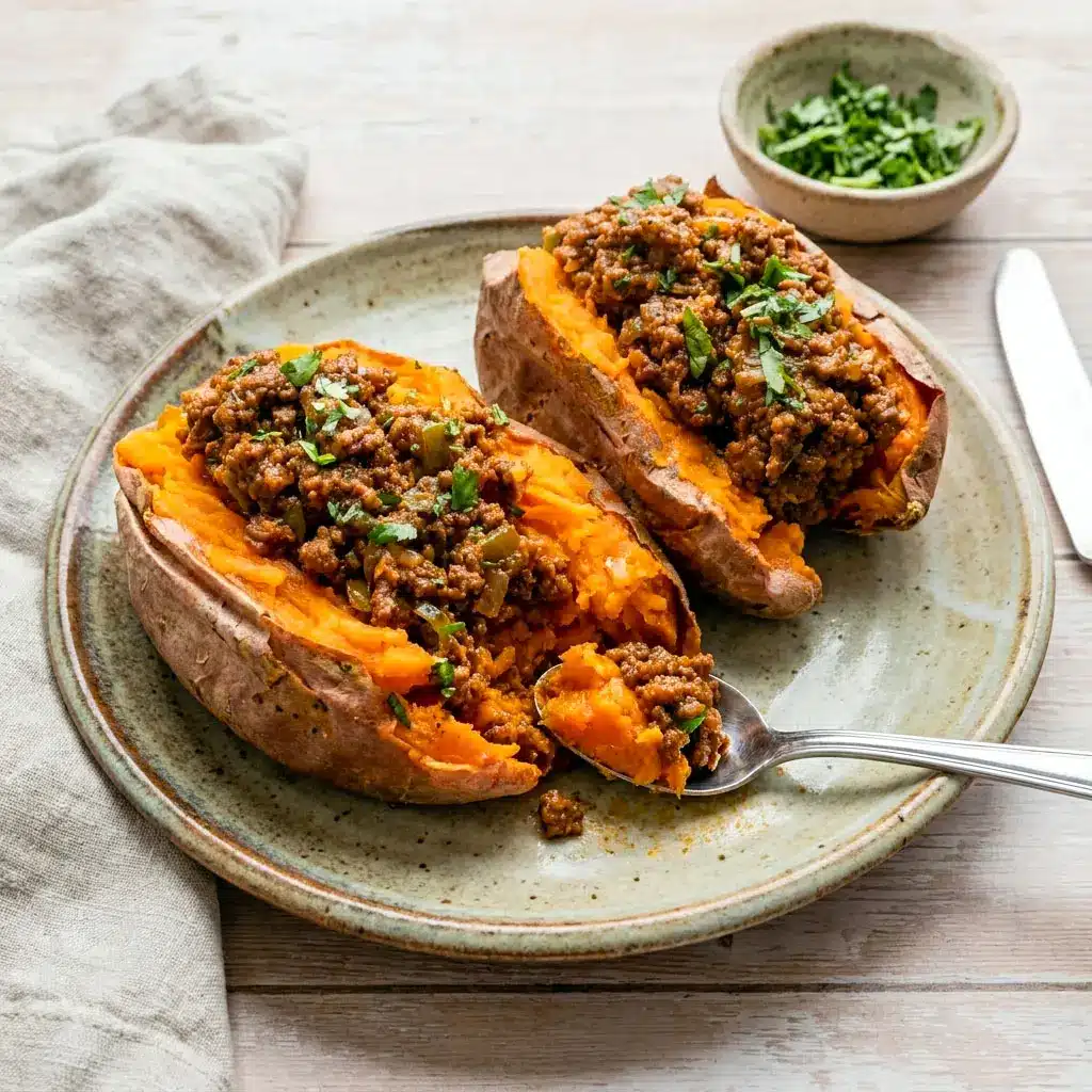 Loaded Sloppy Joe Sweet Potatoes topped with savory ground beef sauce and fresh herbs for an easy healthy dinner. These cozy Whole30 Sloppy Joes and Paleo Sweet Potato Sloppy Joes make the perfect comfort food meal prep idea.