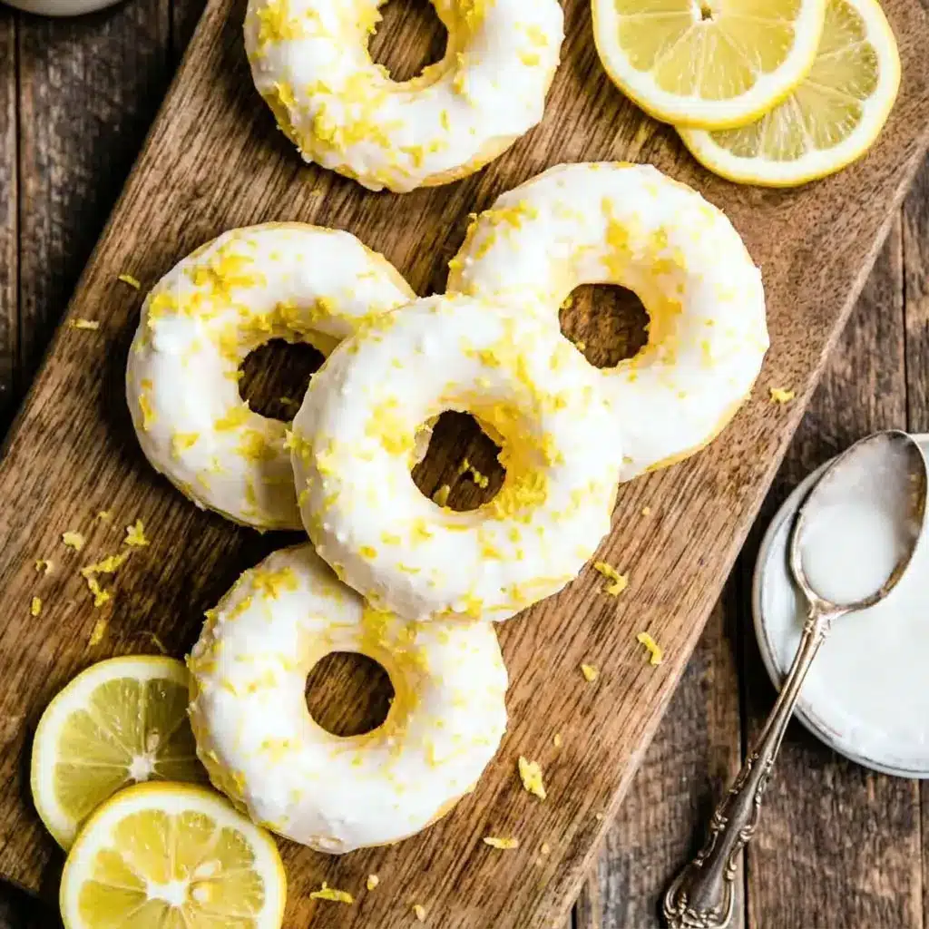 Soft and citrusy Lemon Vanilla Protein Donuts with Glaze topped with creamy icing, perfect for a High Protein Donut Recipe and healthy Glazed Protein Donuts breakfast treat.
