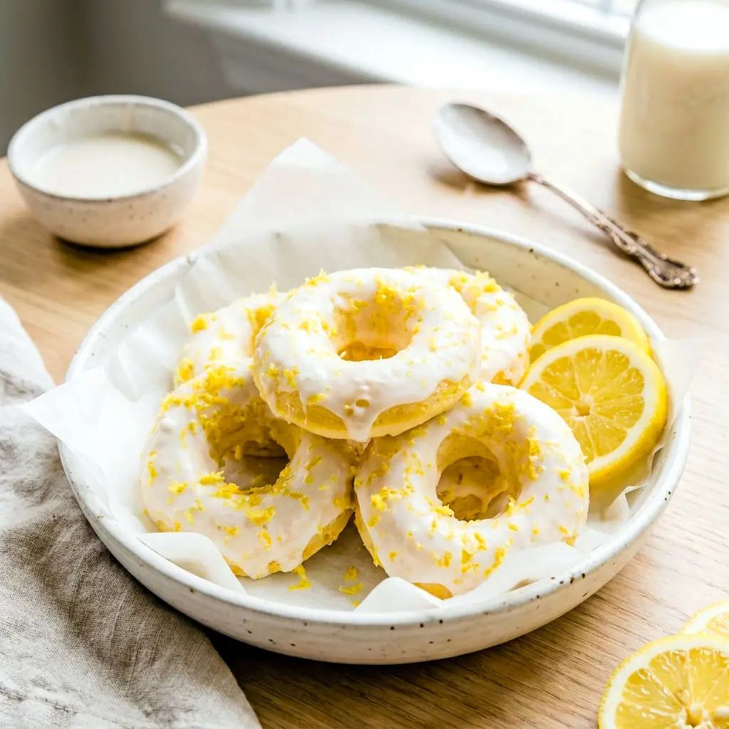 Soft and citrusy Lemon Vanilla Protein Donuts with Glaze topped with creamy icing, perfect for a High Protein Donut Recipe and healthy Glazed Protein Donuts breakfast treat.