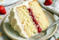 Beautiful layered Vanilla Cake With Strawberry Filling And Cream Cheese Frosting topped with creamy swirls and fresh strawberry filling, inspired by a rich Moist Vanilla Cake With Strawberry Filling and classic White Cake Strawberry Filling desserts.