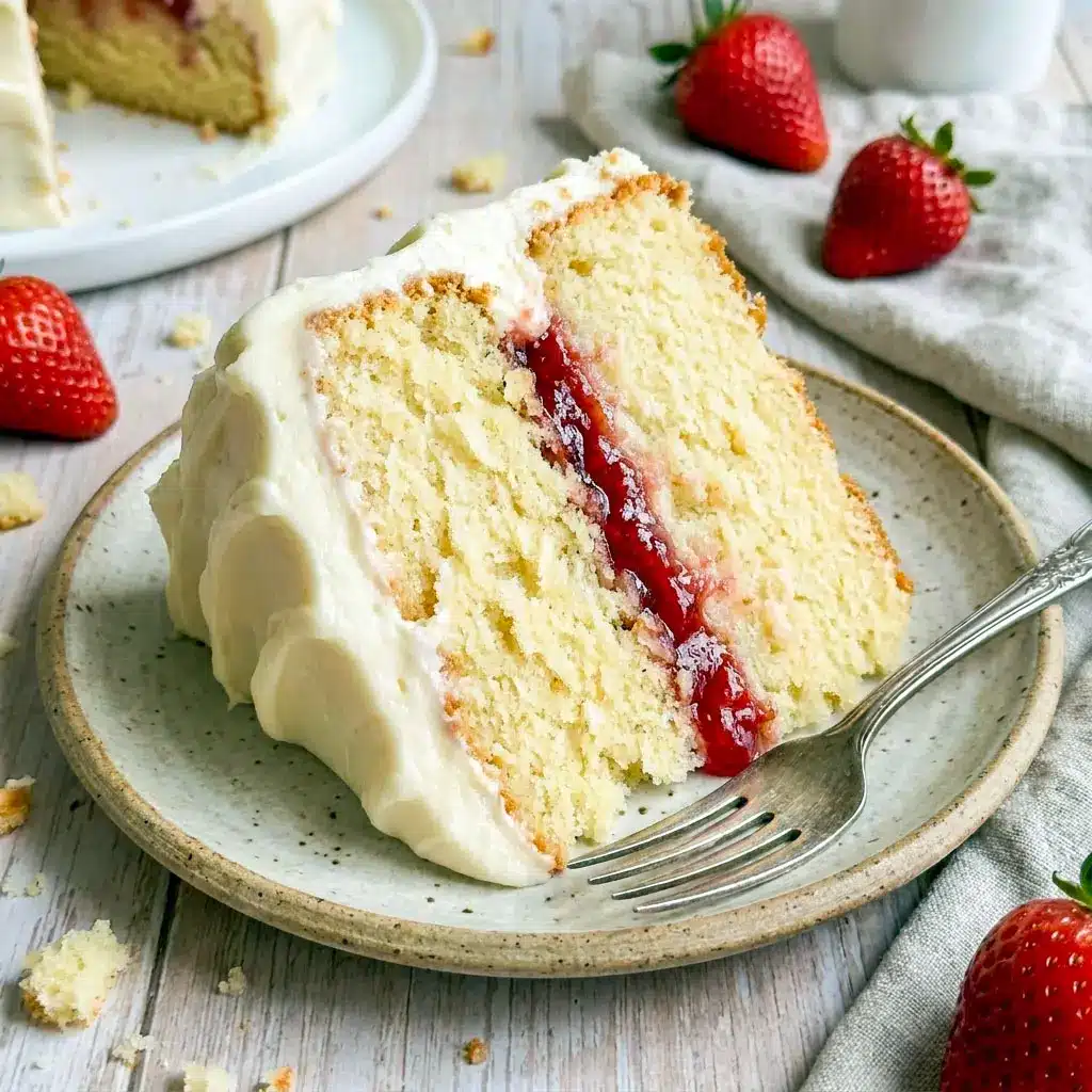 Beautiful layered Vanilla Cake With Strawberry Filling And Cream Cheese Frosting topped with creamy swirls and fresh strawberry filling, inspired by a rich Moist Vanilla Cake With Strawberry Filling and classic White Cake Strawberry Filling desserts.