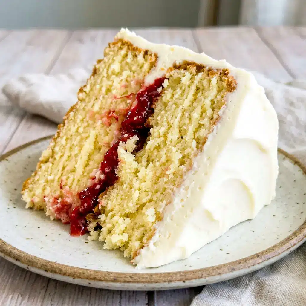 Beautiful layered Vanilla Cake With Strawberry Filling And Cream Cheese Frosting topped with creamy swirls and fresh strawberry filling, inspired by a rich Moist Vanilla Cake With Strawberry Filling and classic White Cake Strawberry Filling desserts.