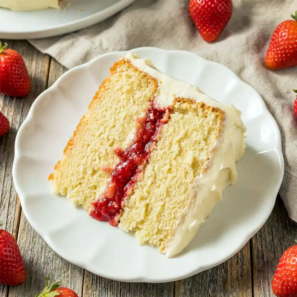 Beautiful layered Vanilla Cake With Strawberry Filling And Cream Cheese Frosting topped with creamy swirls and fresh strawberry filling, inspired by a rich Moist Vanilla Cake With Strawberry Filling and classic White Cake Strawberry Filling desserts.