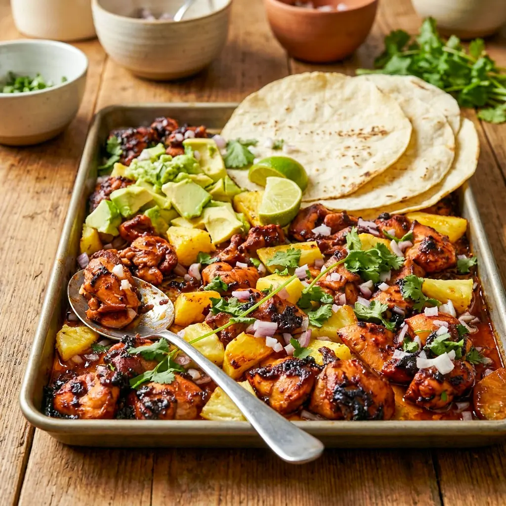 Fresh and colorful One Pan Chicken and Pineapple Tacos served with avocado and lime, perfect for Taco Prep Meals and flavorful Pineapple Meals.
