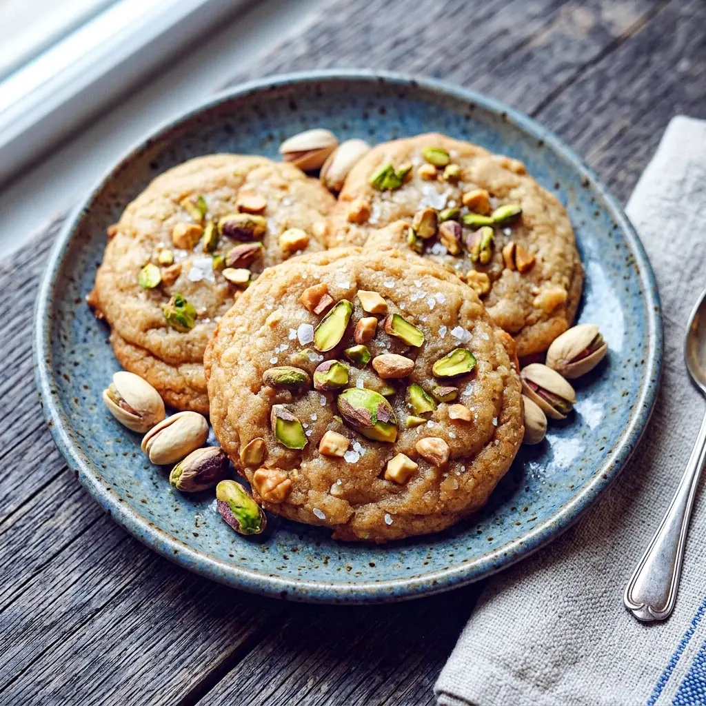 Freshly baked Salted Honey Pistachio Cookies with golden edges and nutty crunch, inspired by Pistachio Flavored Cookies and rich Pistachio Dessert Recipes.