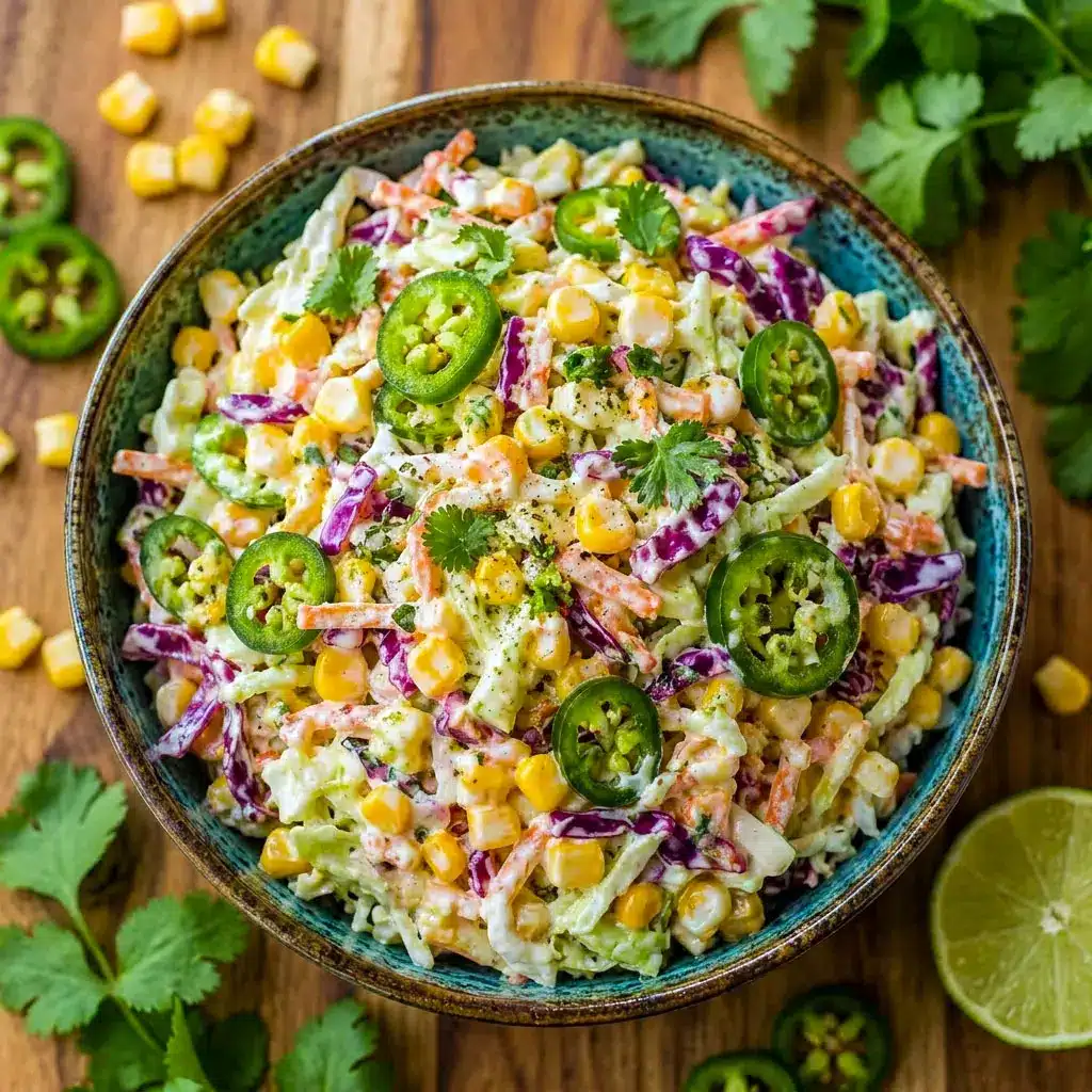 Fresh and colorful Jalapeno Corn Coleslaw topped with grilled corn, crunchy cabbage, and creamy dressing makes the perfect Crunchy Coleslaw Recipe for summer meals and Bbq Food Sides.