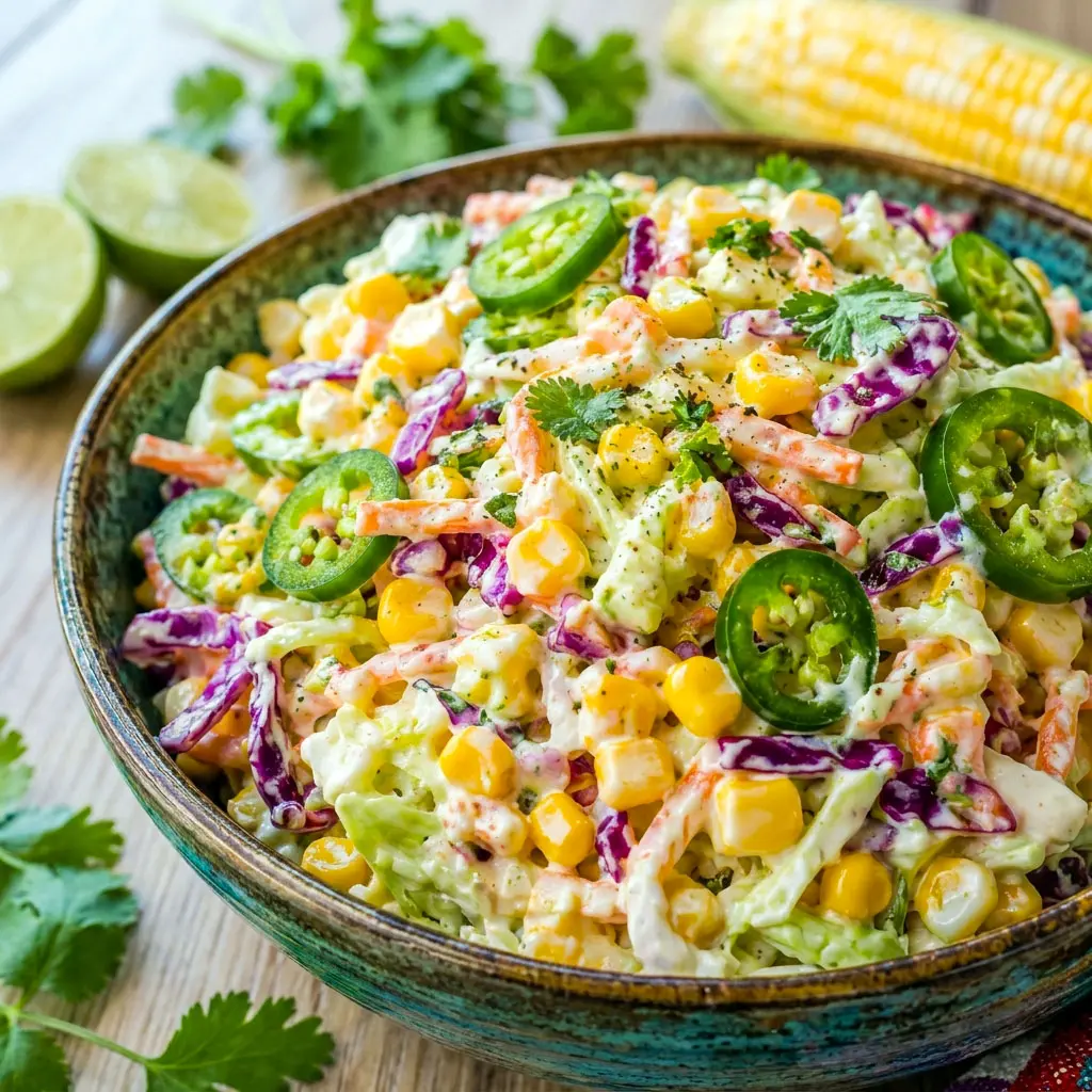 Fresh and colorful Jalapeno Corn Coleslaw topped with grilled corn, crunchy cabbage, and creamy dressing makes the perfect Crunchy Coleslaw Recipe for summer meals and Bbq Food Sides.