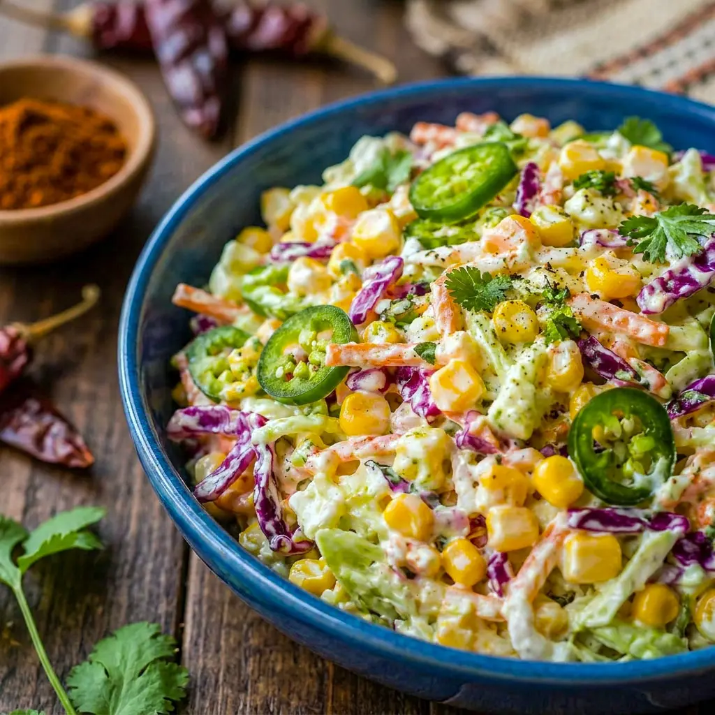 Fresh and colorful Jalapeno Corn Coleslaw topped with grilled corn, crunchy cabbage, and creamy dressing makes the perfect Crunchy Coleslaw Recipe for summer meals and Bbq Food Sides.