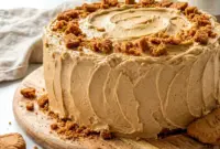 Moist layered Biscoff Cake with creamy cookie butter frosting and Lotus cookie crumbs, perfect for Decadent Birthday Cakes and irresistible Biscoff Cakes lovers.