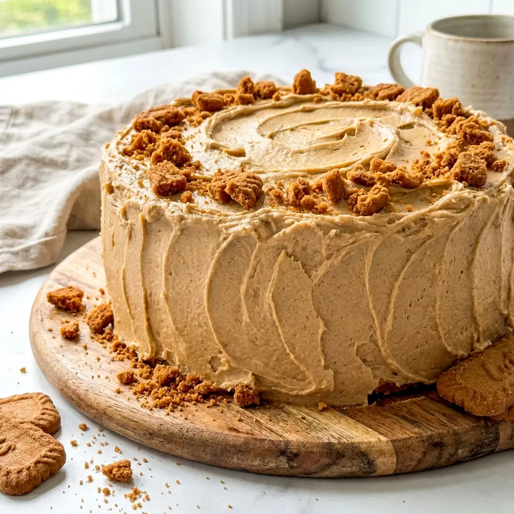 Moist layered Biscoff Cake with creamy cookie butter frosting and Lotus cookie crumbs, perfect for Decadent Birthday Cakes and irresistible Biscoff Cakes lovers.