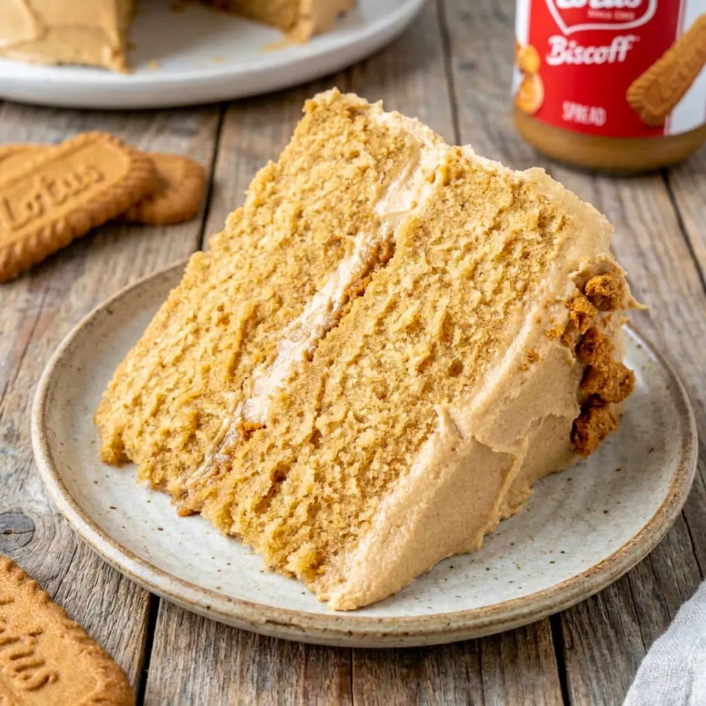 Moist layered Biscoff Cake with creamy cookie butter frosting and Lotus cookie crumbs, perfect for Decadent Birthday Cakes and irresistible Biscoff Cakes lovers.