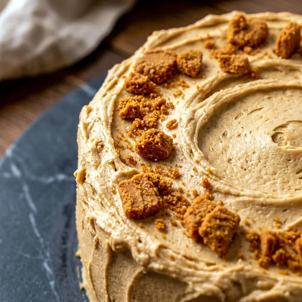 Moist layered Biscoff Cake with creamy cookie butter frosting and Lotus cookie crumbs, perfect for Decadent Birthday Cakes and irresistible Biscoff Cakes lovers.