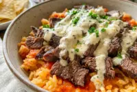 Ultimate Steak Queso Rice Bowl – Easy Mexican Dinner Ideas For Family1 Creamy Steak Queso Rice Bowl topped with juicy steak, avocado, and queso sauce for easy Mexican Dinner Ideas For Family and flavorful Recipes Made With Steak.