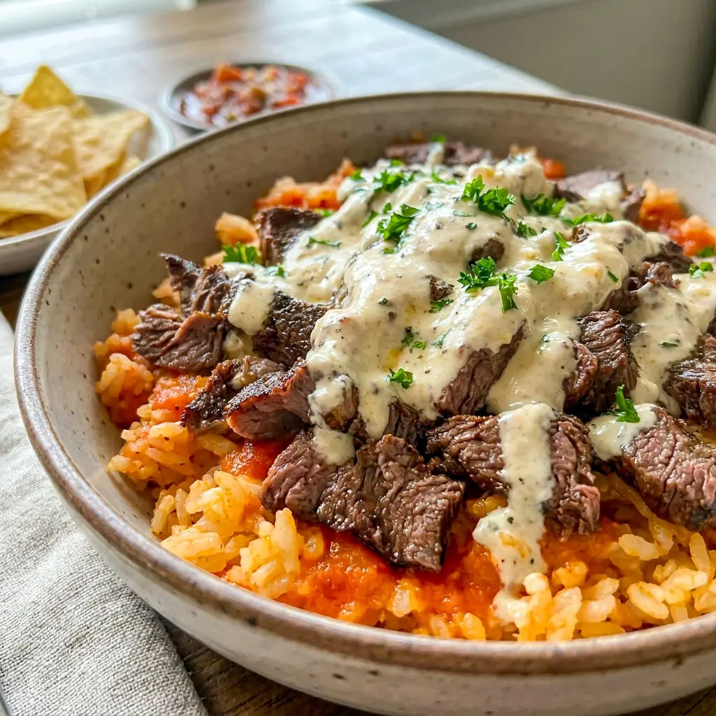 Creamy Steak Queso Rice Bowl topped with juicy steak, avocado, and queso sauce for easy Mexican Dinner Ideas For Family and flavorful Recipes Made With Steak.