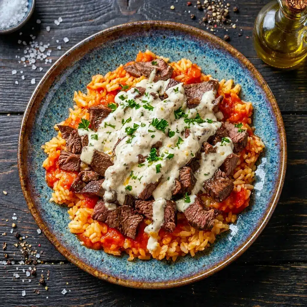 Creamy Steak Queso Rice Bowl topped with juicy steak, avocado, and queso sauce for easy Mexican Dinner Ideas For Family and flavorful Recipes Made With Steak.