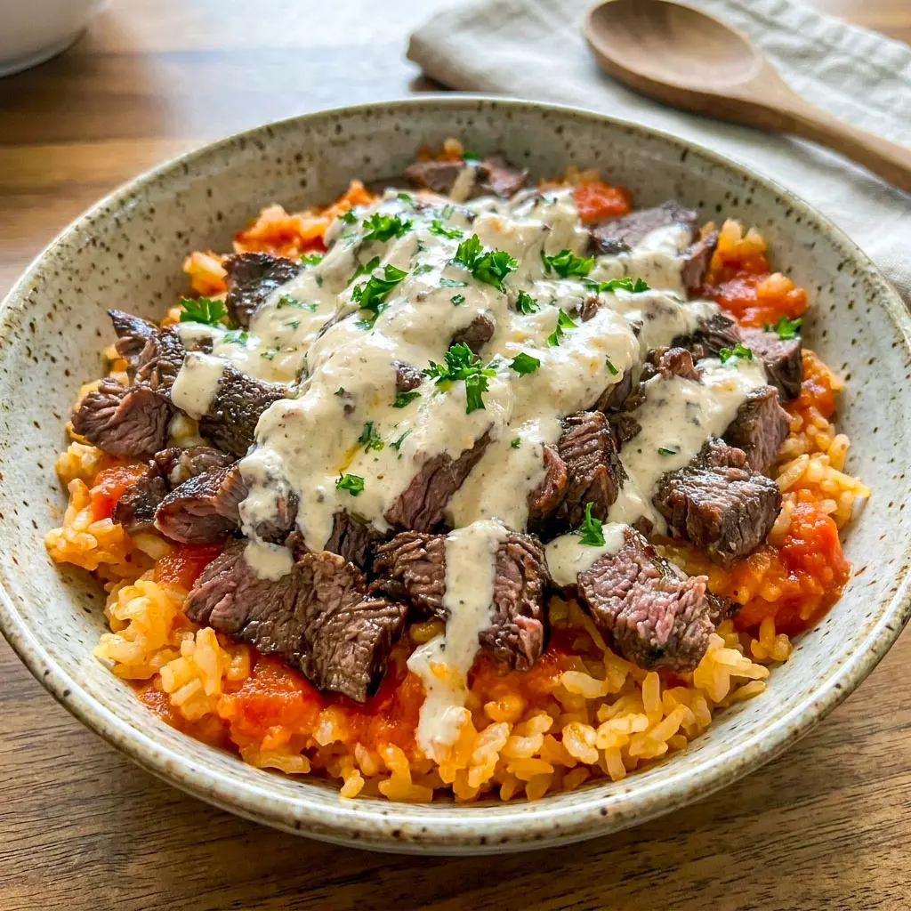 Creamy Steak Queso Rice Bowl topped with juicy steak, avocado, and queso sauce for easy Mexican Dinner Ideas For Family and flavorful Recipes Made With Steak.