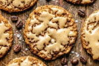 Warm and chewy Vanilla Brown Sugar Oatmeal Latte Cookies with Espresso Icing stacked with creamy espresso glaze and rich brown sugar flavor, perfect Treats With Coffee and cozy Vanilla Baked Goods lovers crave.
