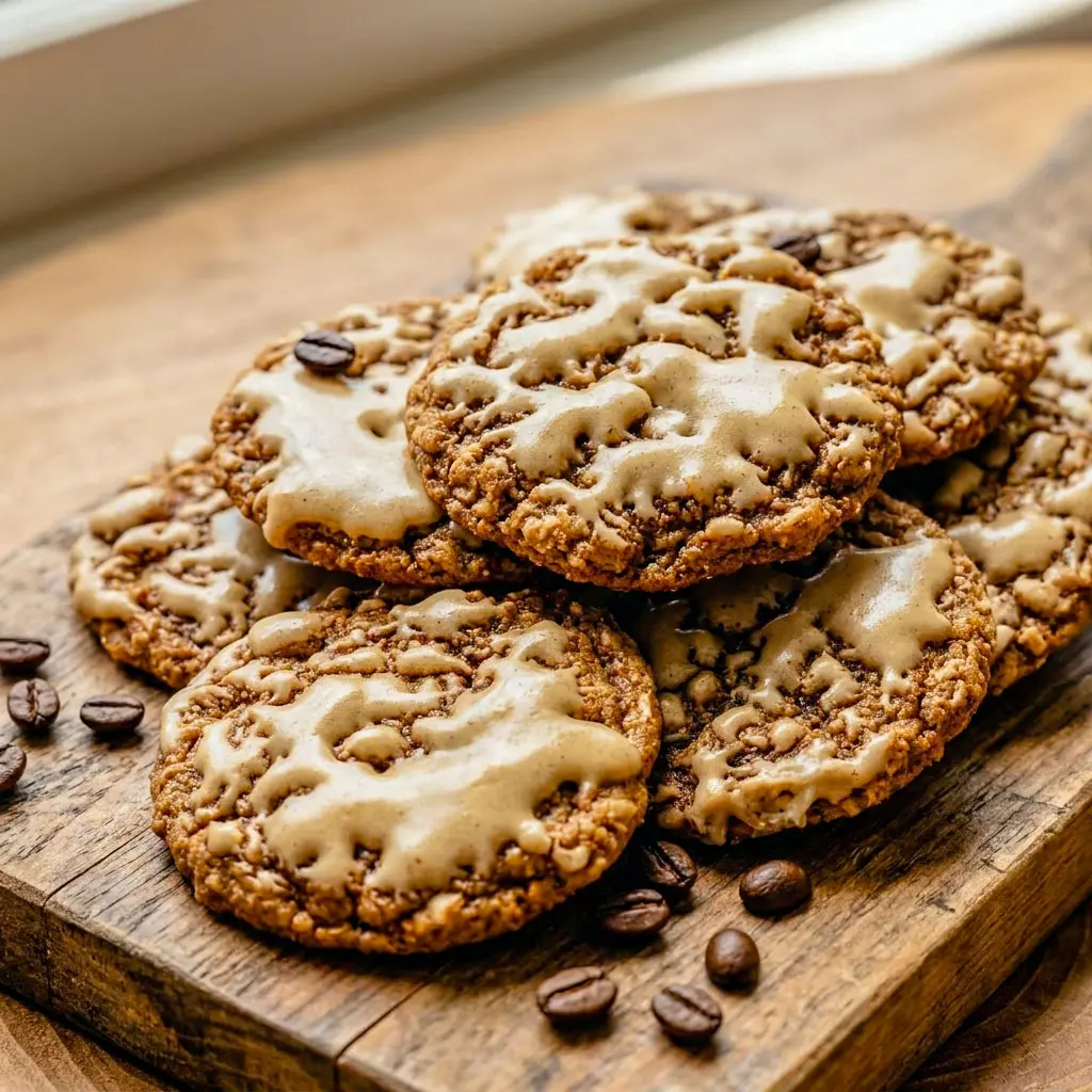 Warm and chewy Vanilla Brown Sugar Oatmeal Latte Cookies with Espresso Icing stacked with creamy espresso glaze and rich brown sugar flavor, perfect Treats With Coffee and cozy Vanilla Baked Goods lovers crave.