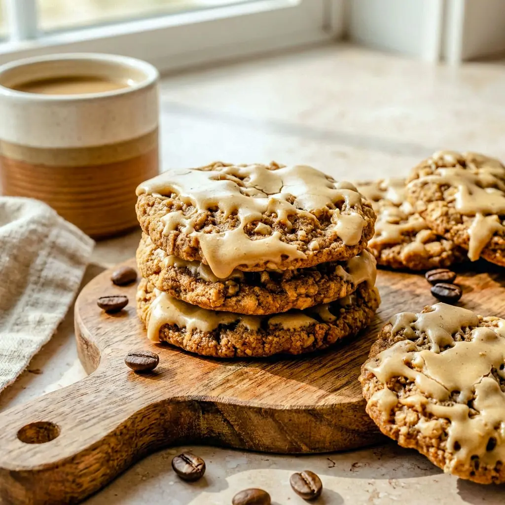 Warm and chewy Vanilla Brown Sugar Oatmeal Latte Cookies with Espresso Icing stacked with creamy espresso glaze and rich brown sugar flavor, perfect Treats With Coffee and cozy Vanilla Baked Goods lovers crave.
