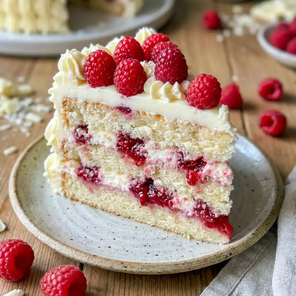 Beautiful White Chocolate Raspberry Dream Cake topped with raspberries and creamy frosting, a stunning Best Layered Cake and elegant choice for Birthdays Desserts and Cakes With Raspberry Filling lovers.
