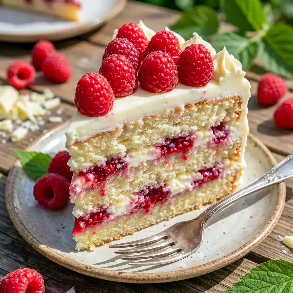 Beautiful White Chocolate Raspberry Dream Cake topped with raspberries and creamy frosting, a stunning Best Layered Cake and elegant choice for Birthdays Desserts and Cakes With Raspberry Filling lovers.
